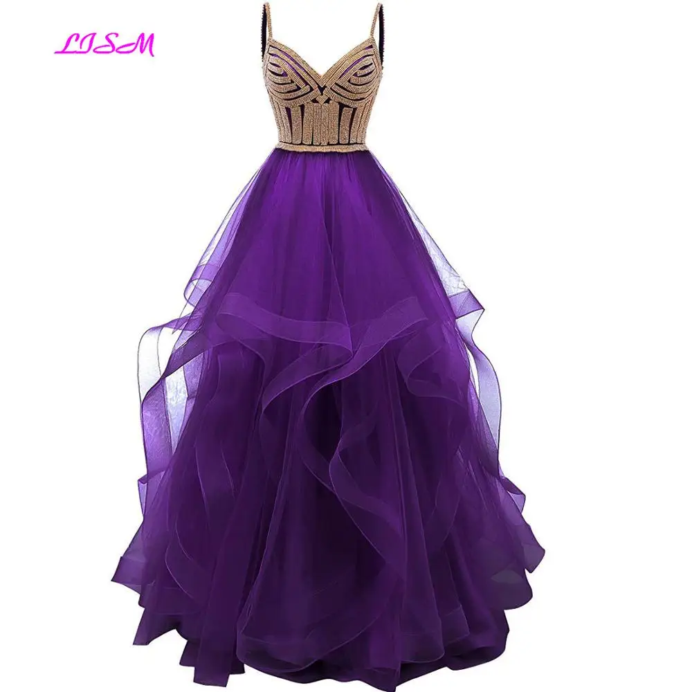 Tulle Crystal Beaded Long Prom Dresses Tiered Formal Evening Dress Spaghetti Straps Sweetheart Ball Gown Princess Party Gowns Prom Dresses Prom Dresses