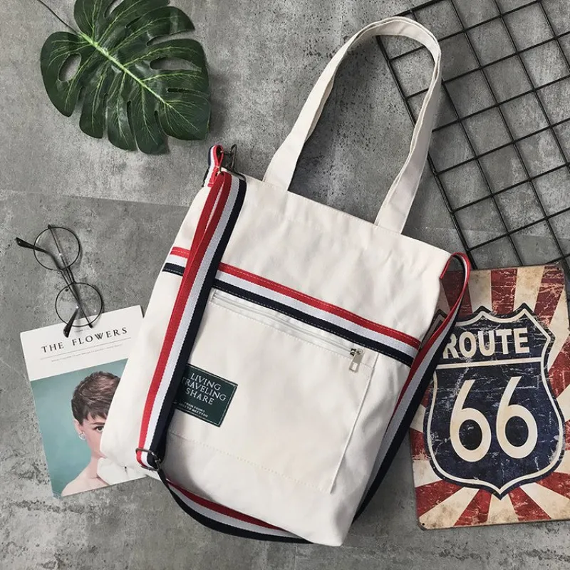 

Female European Style Single Shoulder Shopping Bag Girls Soft Foldable School Book Bags Black White Canvas Cloth Handbag