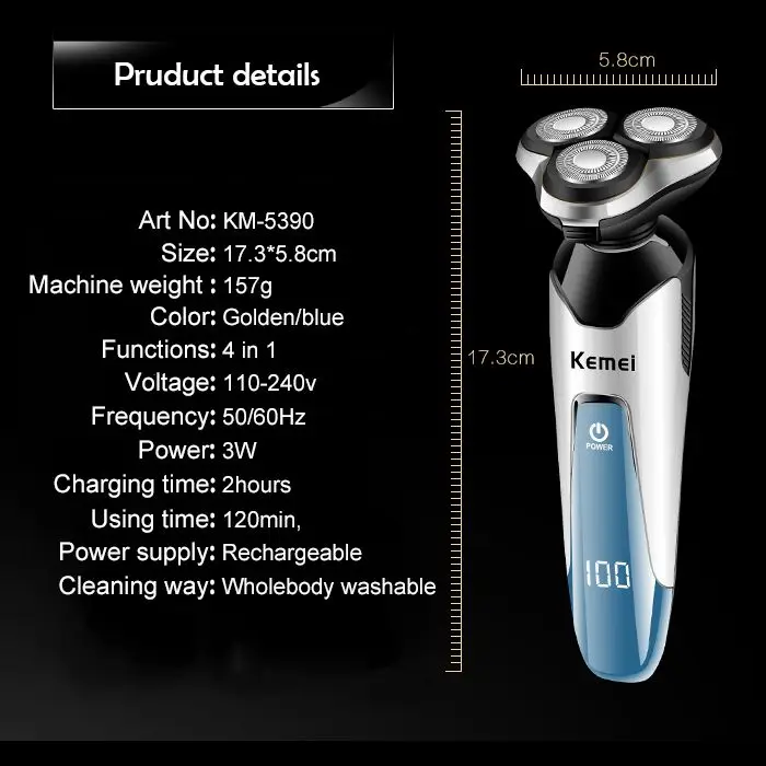 Kemei KM-5390, 4 в 1, электробритва, моющийся триммер для волос в носу, электрическая бритва, Мужская бритвенная машина, набор для ухода за лицом, очищающее средство