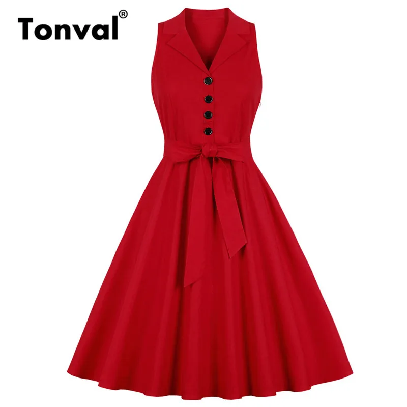 

Tonval Red Notched Collar Button Up Vintage Sleeveless Dress Women Belted Office Lady Elegant Dress Summer Retro Midi Dresses