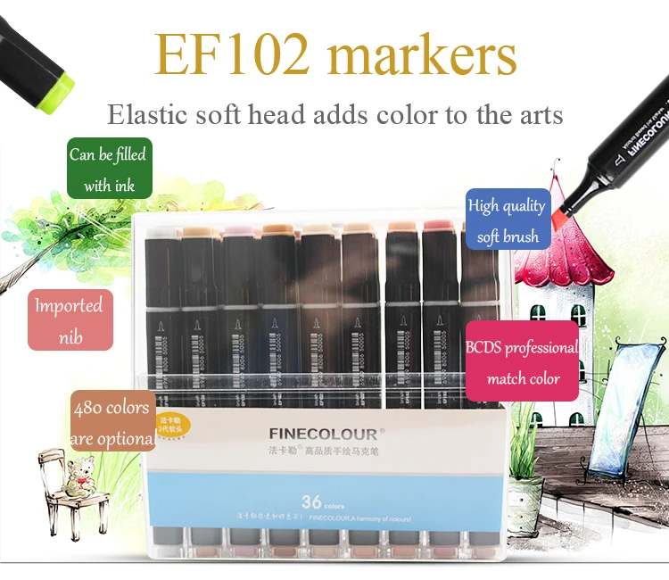 Finecolour, 480 цветов, две кисти, маркеры, EF102, набор, чернила на спиртовой основе, эскиз, художественный маркер, школьный поставщик