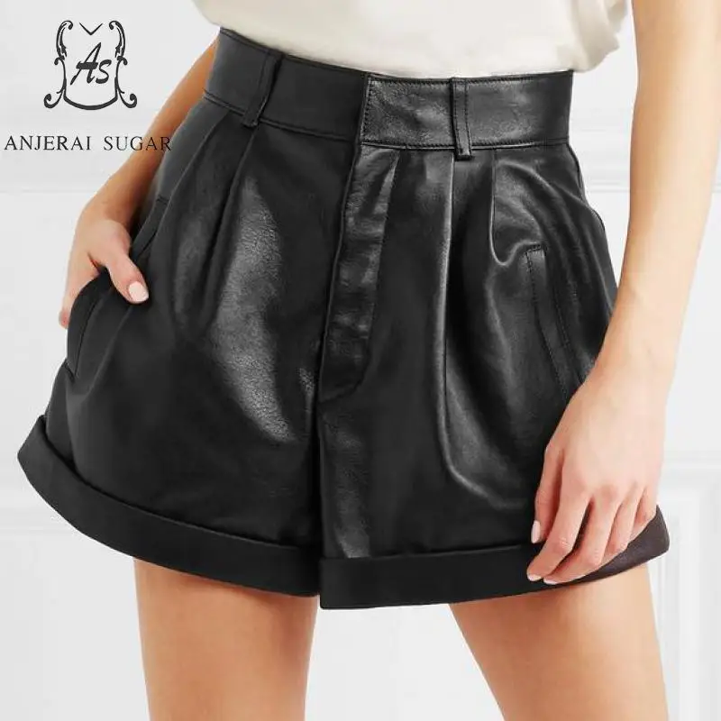 

Spring summer shorts women Sheepskin Genuine leather shorts modis high waist short feminino black zipper Sexy loose hot shorts