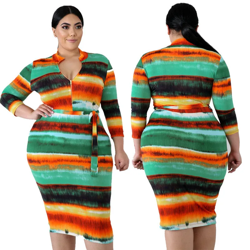 

Autumn Womens Fashion Clothing Three Quarter Sleeves V-neck Rainbow Printed Dress Knee Length Tight Fitting Sexy Dress Plus Size