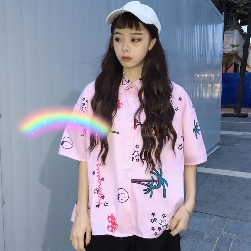 2018 летние женские Топы Harajuku милые рубашки ulzzang с милым принтом короткий рукав