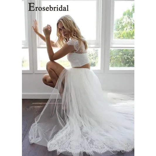 Erosebridal Новое поступление, два предмета, свадебные платья, короткий топ, свадебное платье с круглым вырезом, Тюлевое платье невесты, vestido de noiva размера плюс