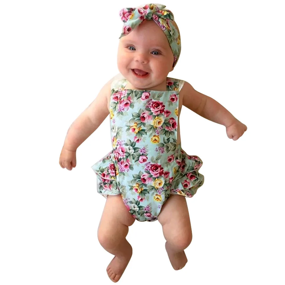 

Newborn Baby Clothes Floral Cotton Baby Rompers Baby Girl Romper Lace Floral Overalls + Headband for Children Baby Clothes 6-24M