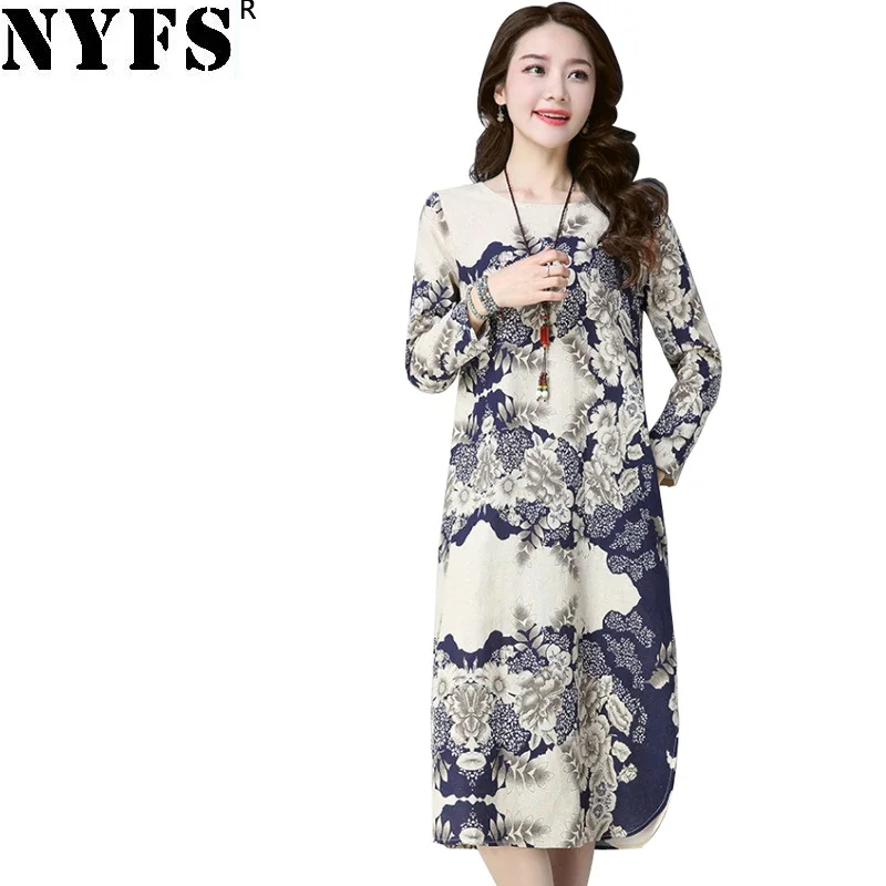 

NYFS 2019 New Style Spring Autumn Winter Women dress Loose Vintage Long sleeve Cotton Linen Long Dress Vestidos Robe Elbise
