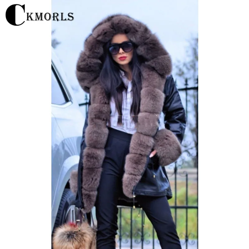 Tanie CKMORLS 100% prawdziwe futro parki zimowe czarne futerko kurtka z lis naturalny odzież zewnętrzna z futrzanym kołnierzem dla kobiet długie kurtki Casual modny top