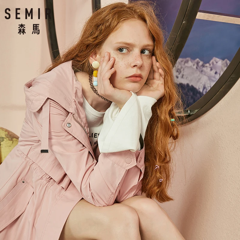 Kopen SEMIR Windjack Vrouwelijke 2018 Herfst Nieuwe Hooded BF Stijl Student Patch Geborduurde Taille Lange Mode Jas Voor Meisjes