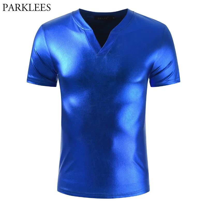Mens Hipster Nightclub Shiny T Shirt Men 2018 Summer New V Neck Blue T
