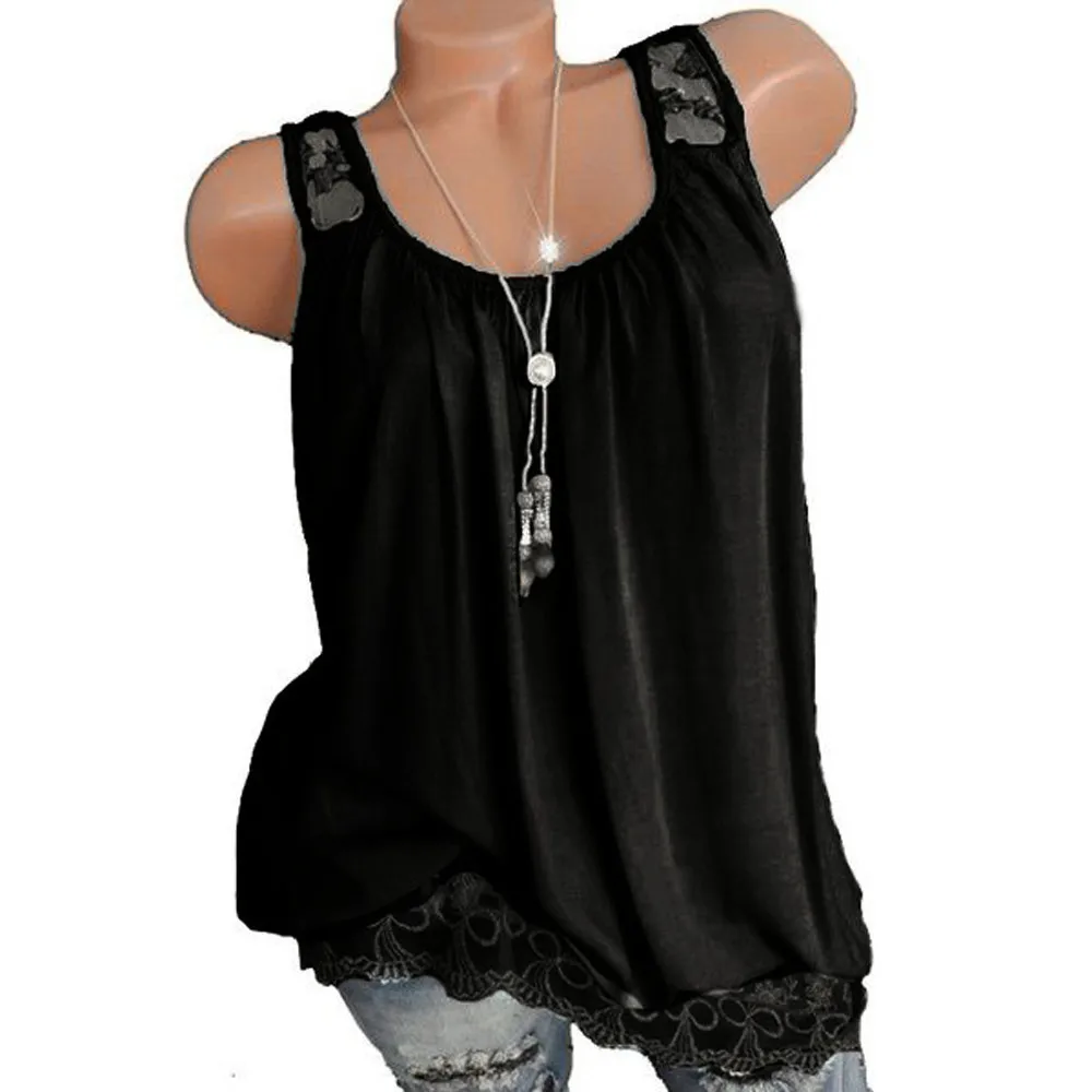 Feitong Blouse Women O Neck Sleeveless Pure Color Lace Vest Tops Loose