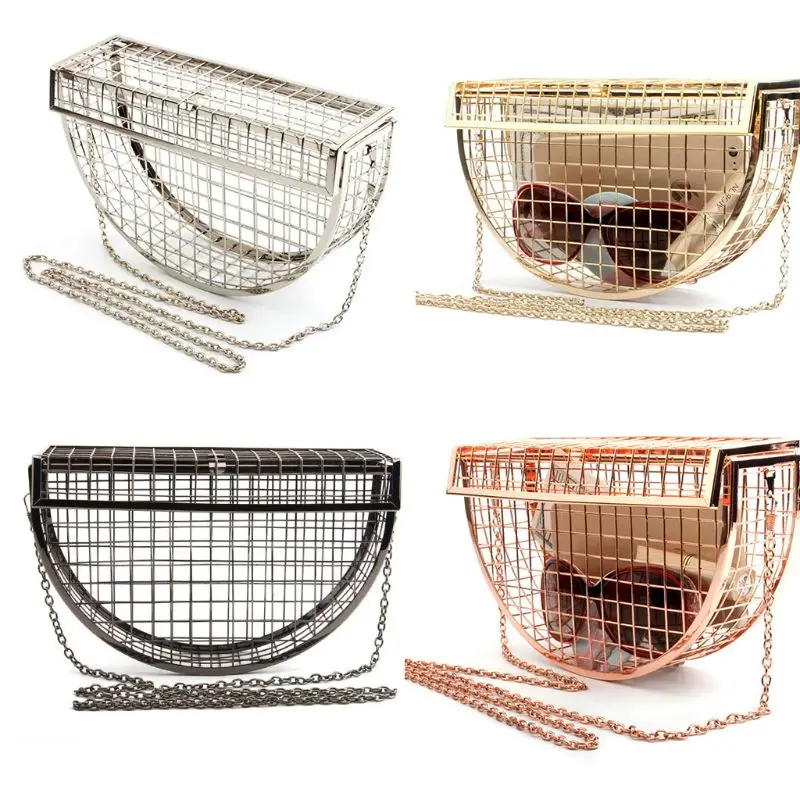 

THINKTHENDO 2019 New Women's Fashion Semicircular Geometric Evening Bag Hollow Shoulder Wedding Party Horizontal Clutch Cage Bag