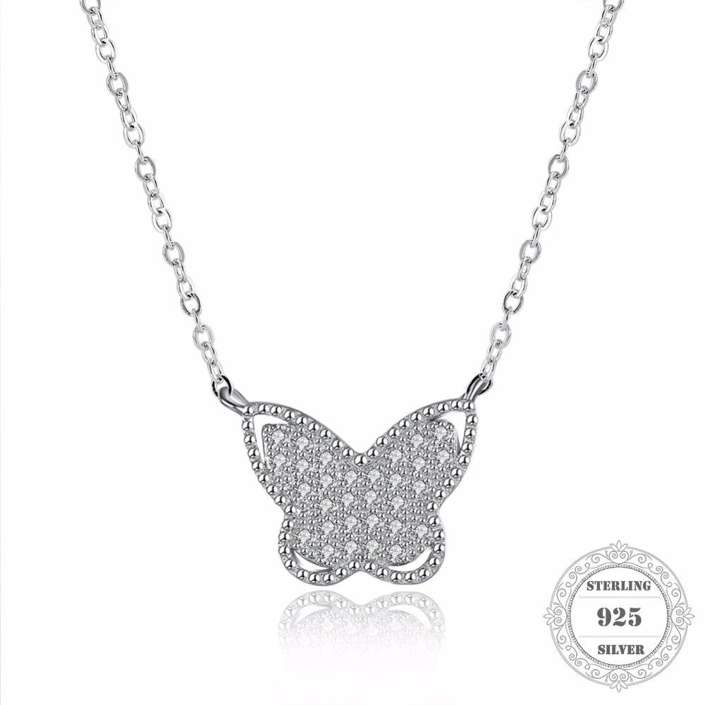 Hemiston 925 Sterling Silver Link Chain Butterfly Pendant with Clear CZ