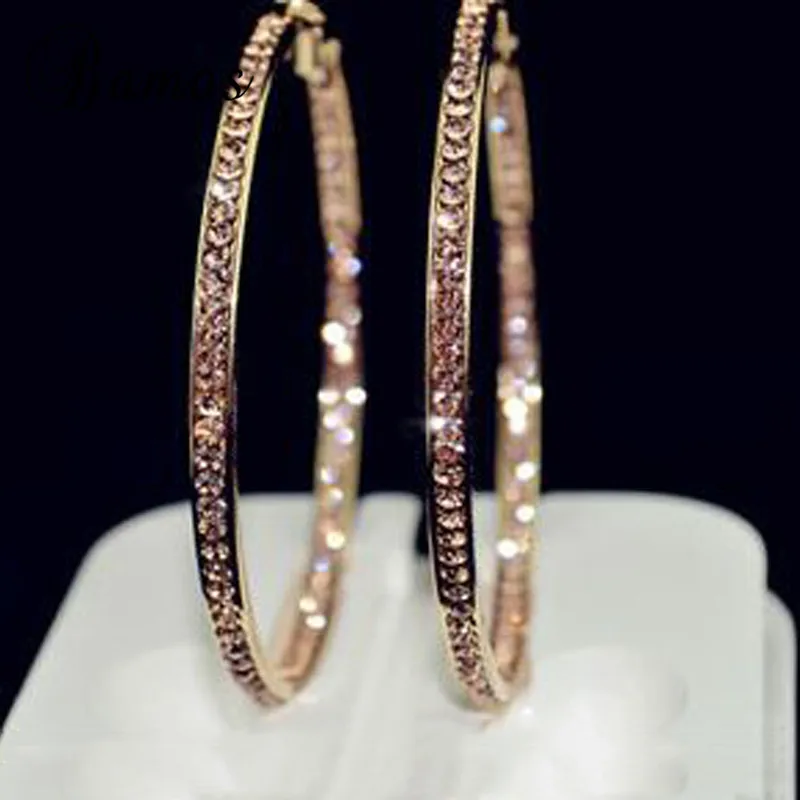 

Bamos Glitter Rhinestone Hoop Earrings For Women Luxury Gold Color Big Circle Earrings Trendy Geometric Jewelry Best Gift