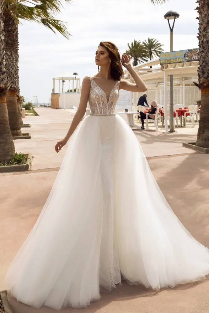 Vivian's Bridal роскошное свадебное платье с буринами и буринами, свадебное платье с элегантной кружевной аппликацией, со съемным шлейфом, глубоким v-образным вырезом, свадебное платье - Цвет: white