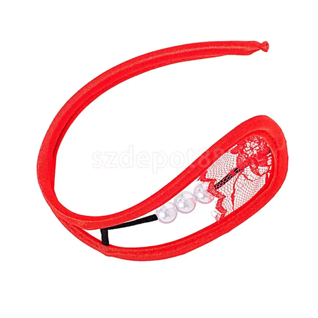 Women's Sexy Sheer Lace Pearls C String Thong Invisible Underwear Panties Red / Black