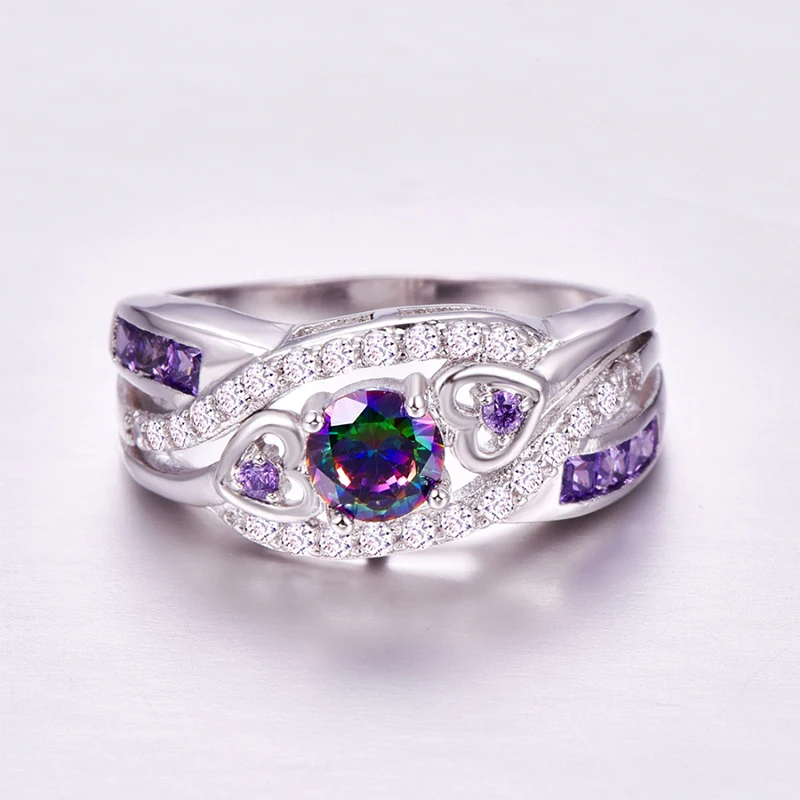 

2019 New Arrival Oval Heart Cut Design Multicolor & Purple White CZ Silver Ring Size 6 7 8 9 Fashion Women Jewelry Luxury Gift