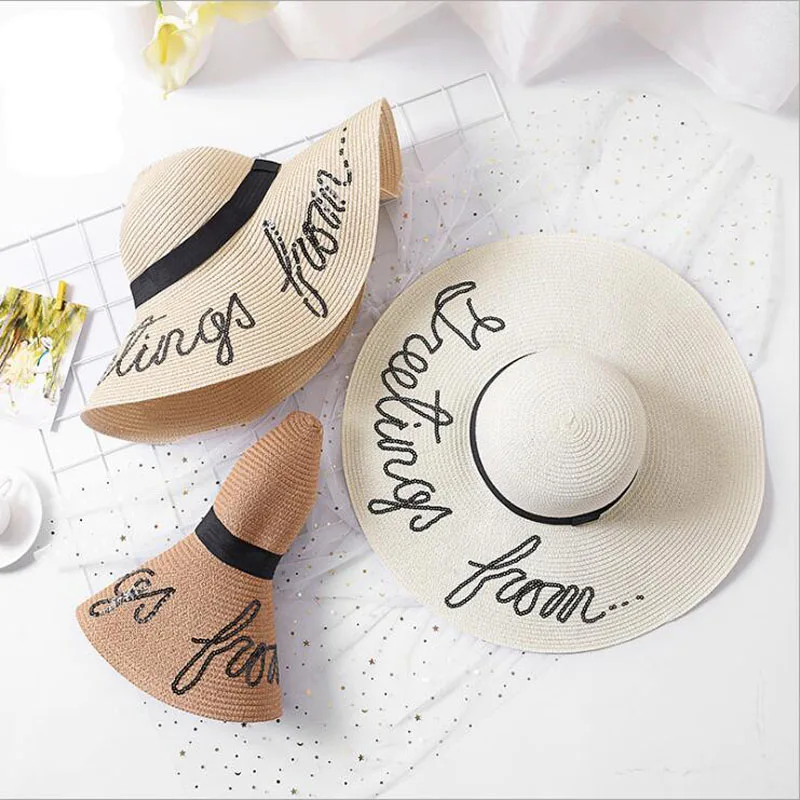 2019 الصيف كبيرة حافة قبعات للحماية من الشمس للنساء الأزياء الترتر إلكتروني لا تخل التطريز مطوية قبعة مرنة بوهيميا شاطئ كاب