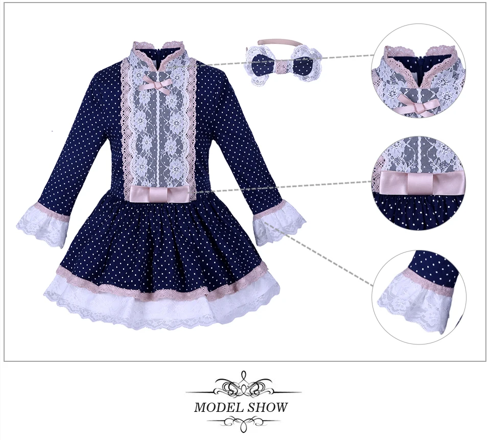 Pettigirl/платье в темно-синий горошек для девочек с кружевом, Детские платья для девочек, эксклюзивная осенняя одежда для детей