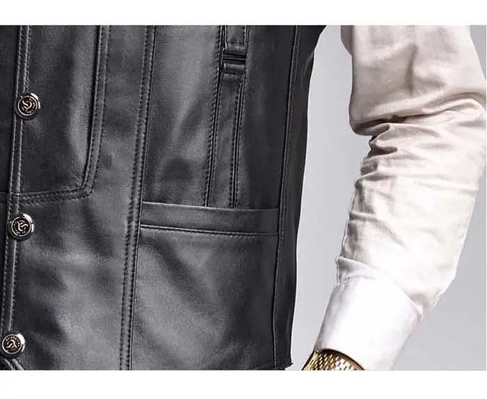 Новая мода Повседневное Тонкий мужские жилет Куртки без рукавов из овечьей кожи Марка v-образным вырезом 5 карманов Черная; большого