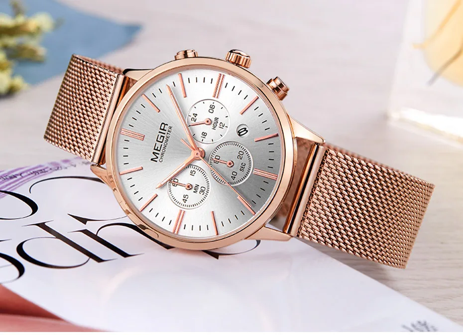 MEGIR для женщин нержавеющая сталь сетки Bracelete кварцевые часы хронограф 24 часа дата дисплей аналоговые наручные часы для леди 2011L