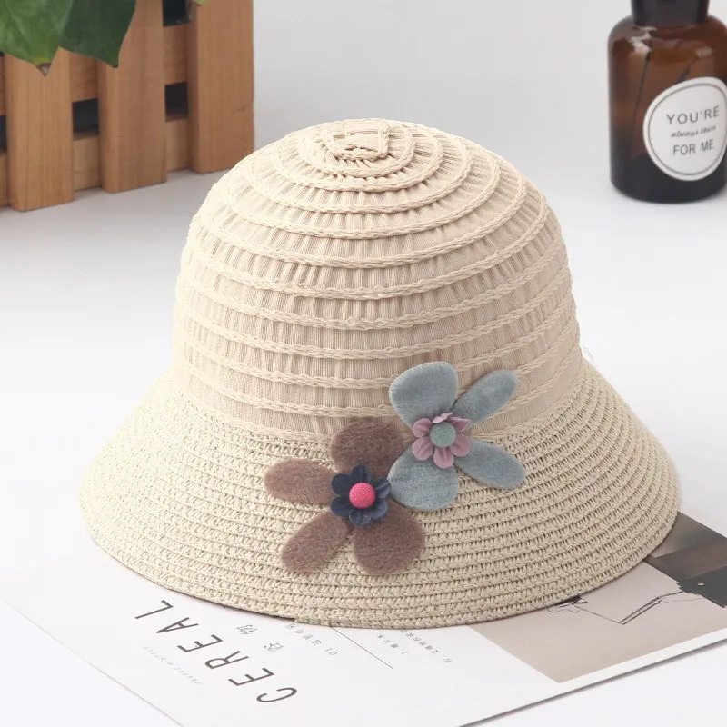 Шляпы для девочек, новинка, Детская летняя соломенная шляпа для девочек, крутая шляпа для малышей, Весенняя модная шляпа принцессы с цветочным принтом, шапка для рабака солнца - Цвет: Бежевый