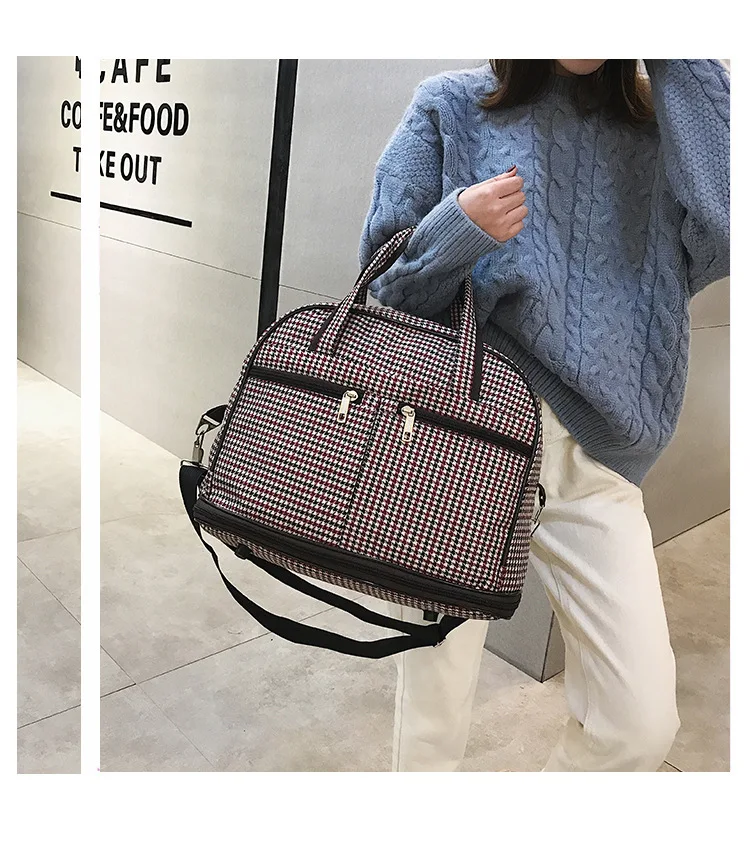 Waterproof Short Trip Travel Bags for Women Oxford Cloth Plaid Pattern Hand Luggage Fashion Crossbody Bags Portable Duffel bags