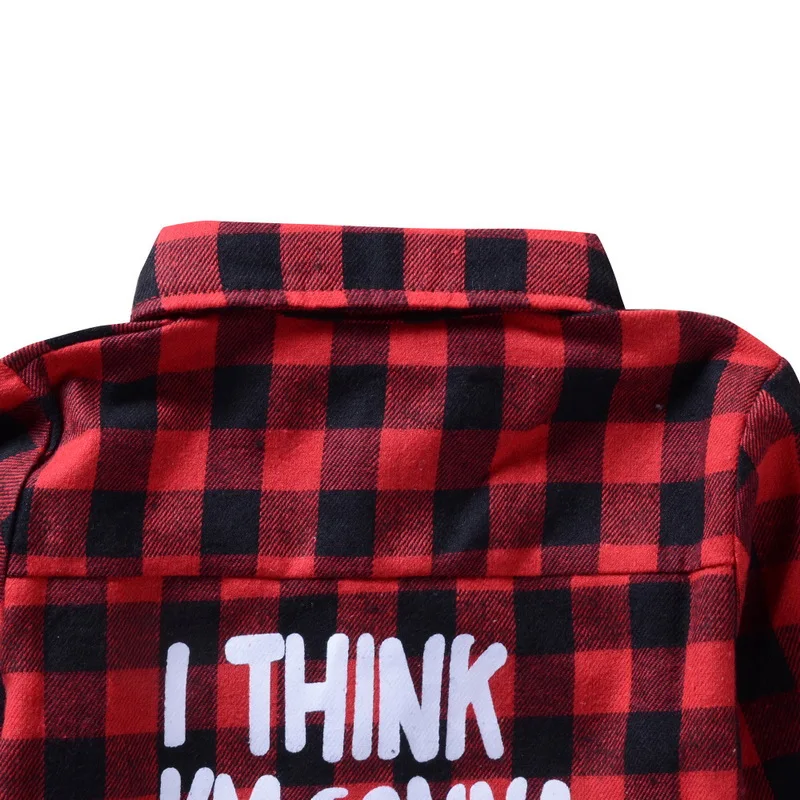 Shujin Kids Little Boys Girls Baby Letters Print Long Sleeve Button Down Red Plaid Flannel Shirt Spring Autumn New Fashion