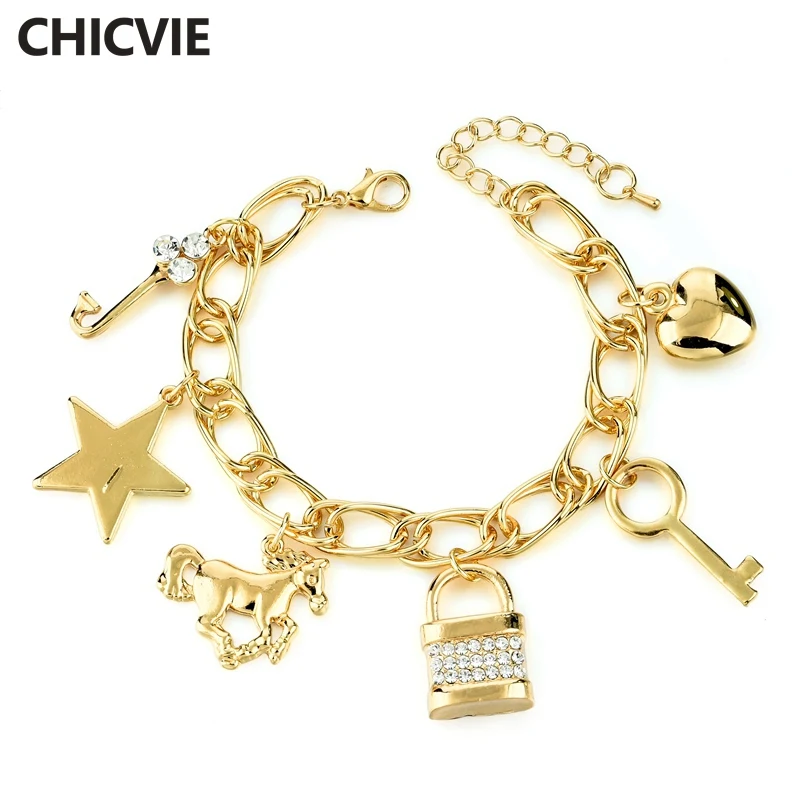 

Ethnic Pulseira Feminina Gift Gold Silver Love Satr Key Charm Bracelet & Bangle Crystal Bracelets For Women Jewelry SBR160339