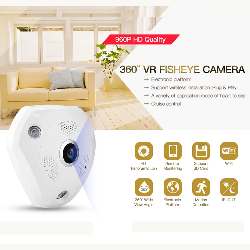 360 Degree Wi-fi IP Camera FishEye HD 960P 1.3MP Smart Panoramic IP P2P Wireless Fisheye Camera 1.3MP Security Cameras