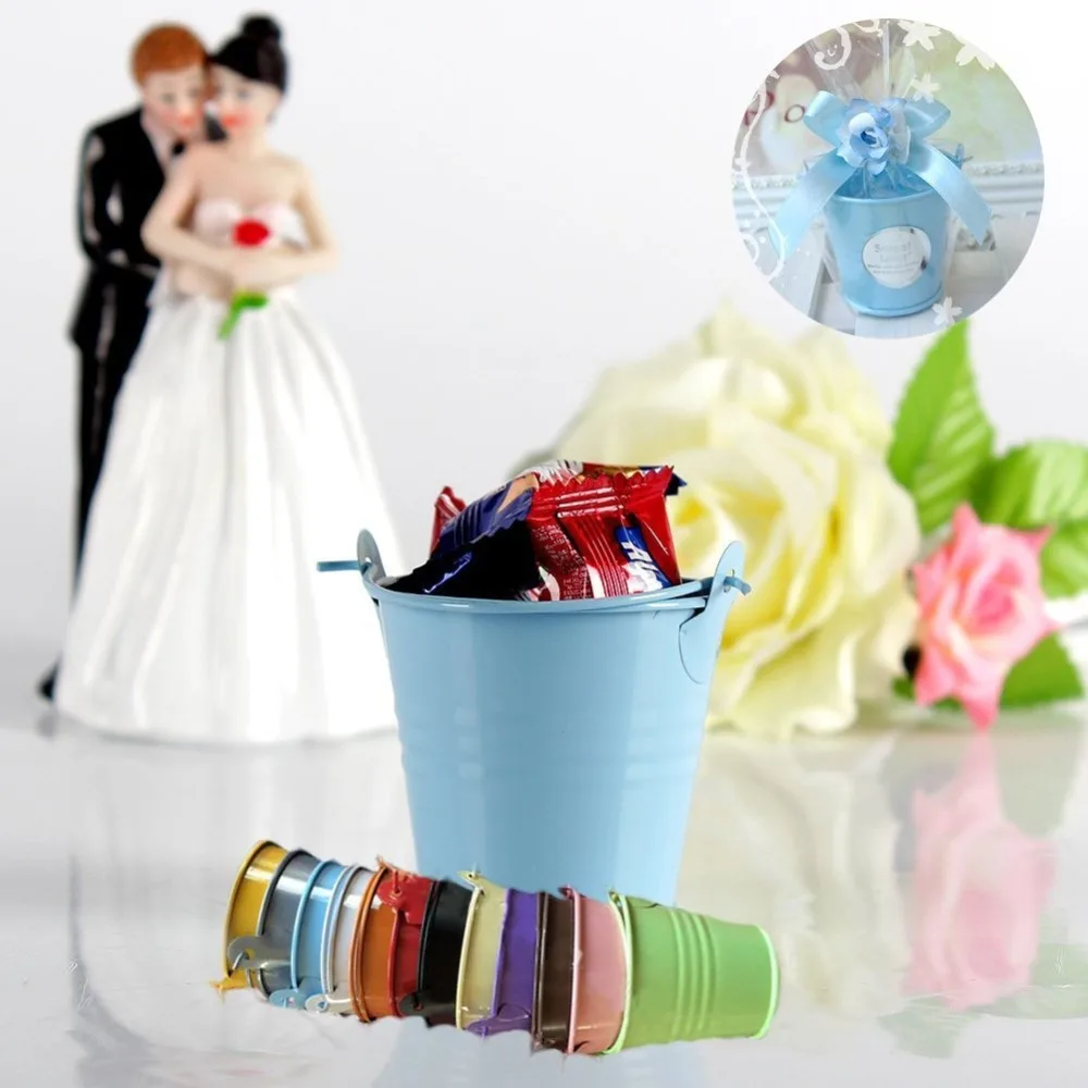 100pcs Wedding Candy Silver Mini Metal Bucket Candy Favours Box Pail