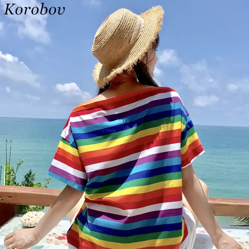 Korobov Rainbow Striped T Shirt Slash Neck Short Sleeve Tee Tops Summer Korean Causal T Shirts