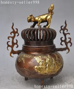 

christmas chinese Bronze Gilt foo dog beast Crane lucky statue incense burner Censer halloween