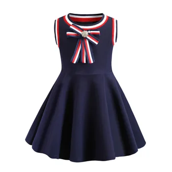 

2019 New Summer Dark Blue Bow Girls Dress Party Princess Elegant girls Clothing Boutique Outwear