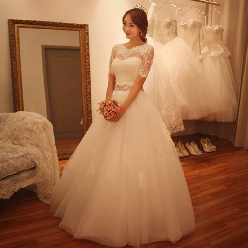 2015 moda media manga de encaje vestido a line vestidos de novia