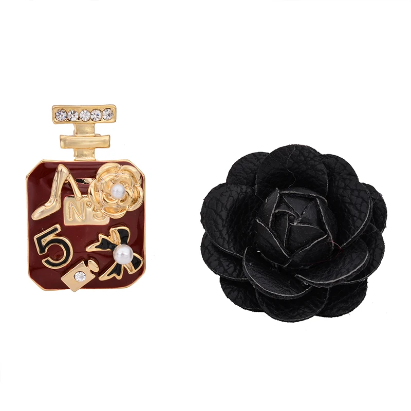 

OBN High Quality Set Of 3 Perfume Bottles Camellia Number 5 CC Brooch Lady Lapel Pin Jewelry Accessories Gift