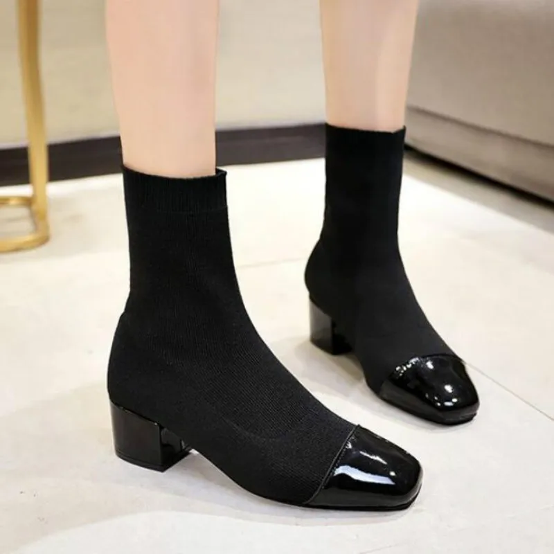 

autumn woman shoes knitted wool elastic stockings boots for female patent leather square head stitching women's short booties