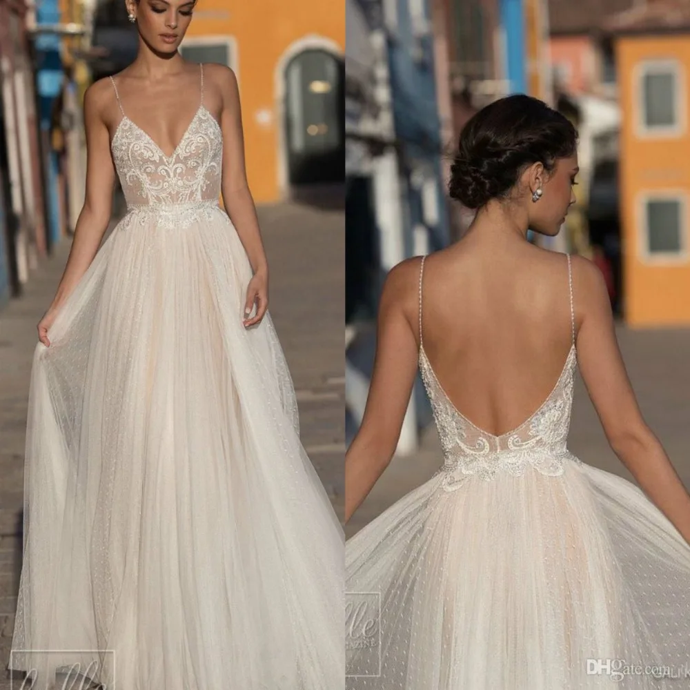 8 Gali Karten Wedding Dresses A Line Spaghetti Court Train Lace Applique  Beads Beach Wedding Dress Illusion Bridal Gowns