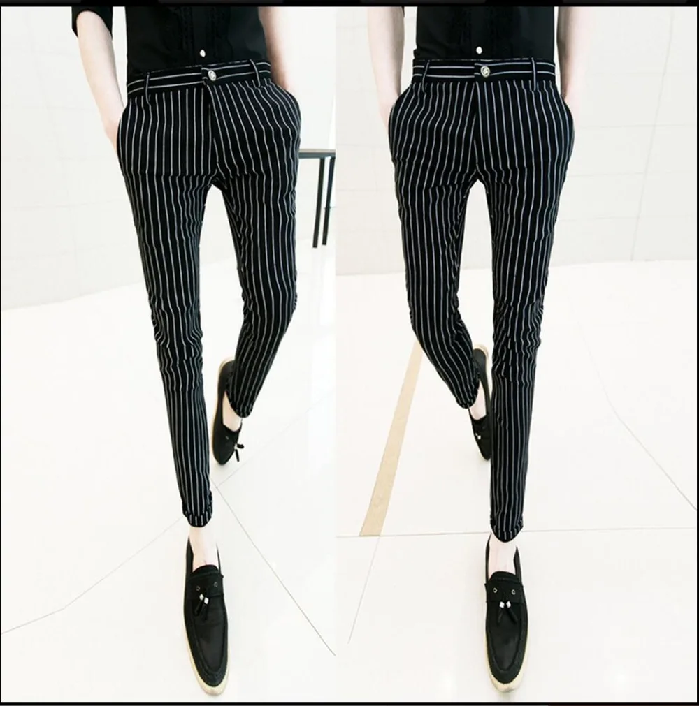 

Summer Korean Men Slim Nine Pants Feet Pants Pantyhose England Striped Pencil Pants Casual Trousers Hairstylist Singer Costumes