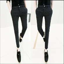 Летний корейский Для мужчин тонкий 9 штанов Облегающие штаны колготки Англии полосатый узкие брюки повседневные штаны парикмахера певица костюмы
