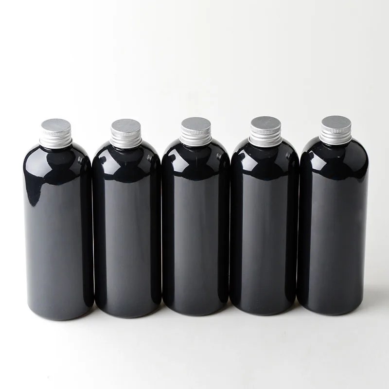 Большая пустая черная бутылка 300 мл пластиковые бутылки шампунь Косметическая емкость для лосьона 10 унций с золотой Серебряная винтовая