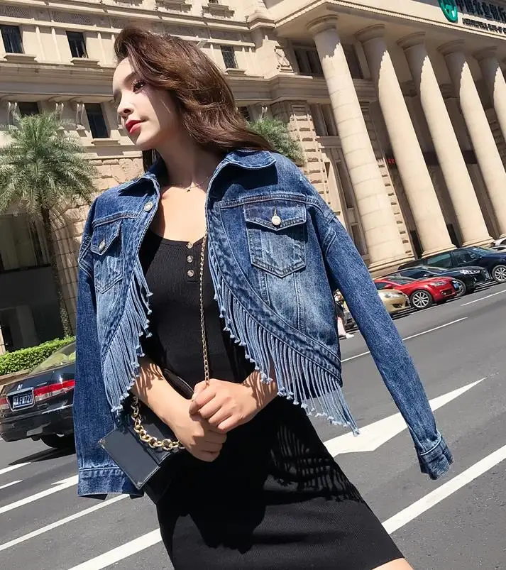 Denim jas vrouwelijke herfst 2019 nieuwe Koreaanse kwastje fashion chic korte denim kleding vrouwen jean jas 1908 Denim jas vrouwelijke herfst 2019 nieuwe Koreaanse kwastje fashion chic korte denim kleding vrouwen jean jas 1908