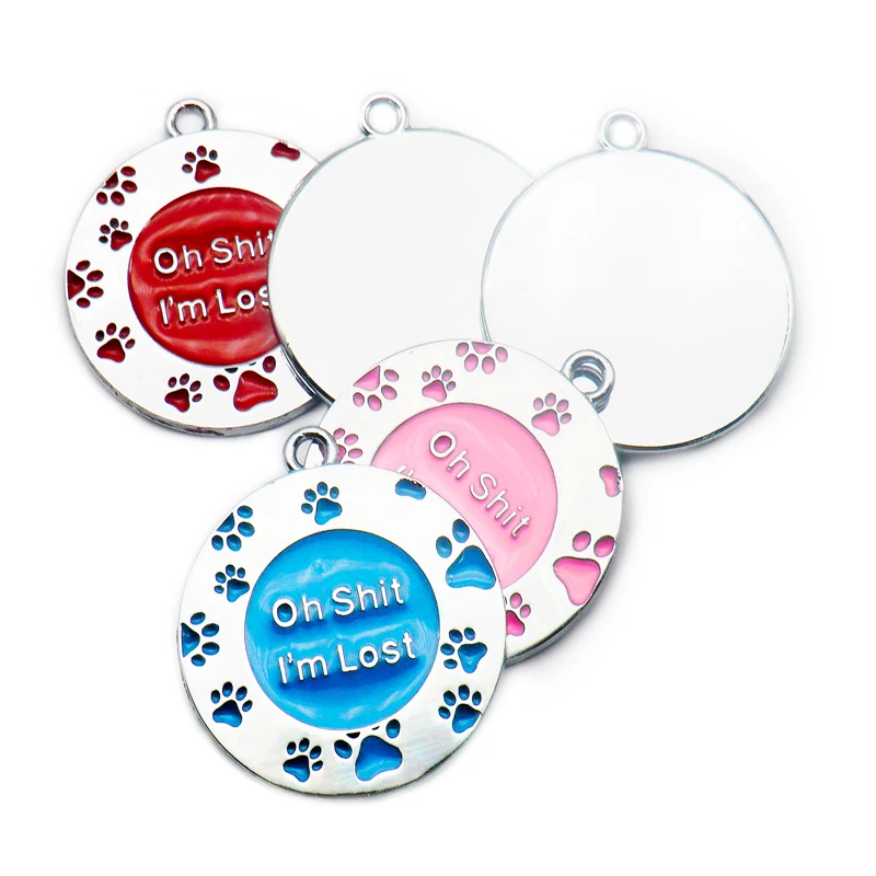 Custom pet tag ID, Personalized Stainless Steel Oh Shit I'm Lost Dog tag,  Engraved Cute paw for Puppies with Ring Included (Shiny Round Cat)