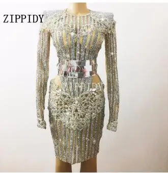 Роскошные Блестящие Кристаллы платье пояс Bling Стразы Костюм для праздника платье певица одежда для сцены день рождения серебряные бриллианты платья - Цвет: silver