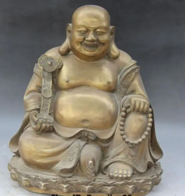 

13" Chinese Tibetan Buddhism Bronze Happy Laugh Maitreya Buddha Hold Ru Yi Staue