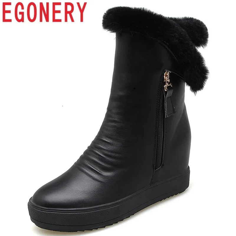 

EGONERY women shoes 2018 winter new concise leisure outside warm snow boots high height increasing platform zip mid calf boots