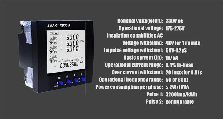 Smart X835B, трехфазный многофункциональный измеритель мощности, панель с портом RS485