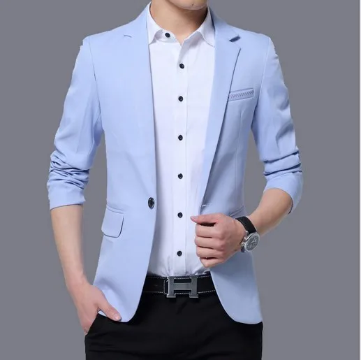 Мужские корейские облегающие модные хлопковые блейзеры, пиджак, черные, синие, хаки, Бежевые мужские блейзеры, мужские пальто, свадебные костюмы 4XL 5XL - Цвет: Небесно-голубой