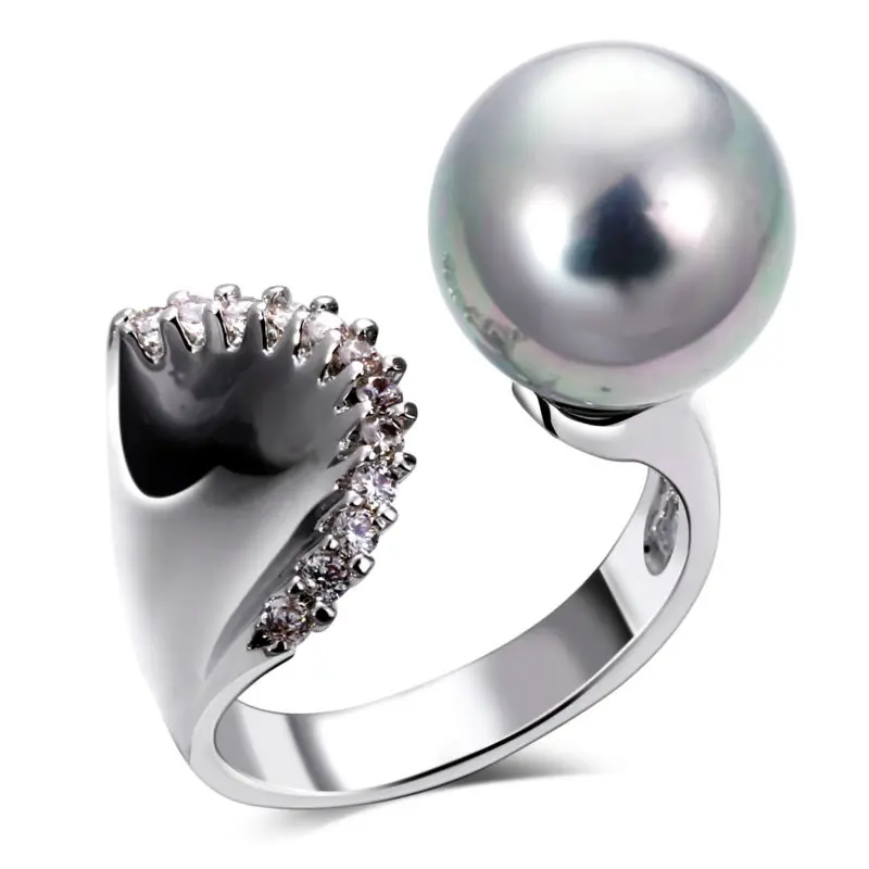 DC1989 Women Wedding Ring Mermaid Look 12 mm Synthetic Pearl 3 Colors CZ Paved Rhodium Color Femmes Anneaux Sizes 5 6 7 8 9 10 - Цвет основного камня: Grey Color