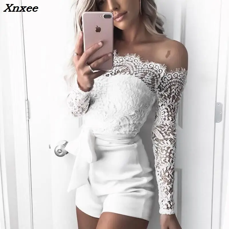 

2018 Off shoulder Lace Rompers womens Summer conjoined female White Sexy jumpsuits women overalls bodysuit jumpsuits & rompers